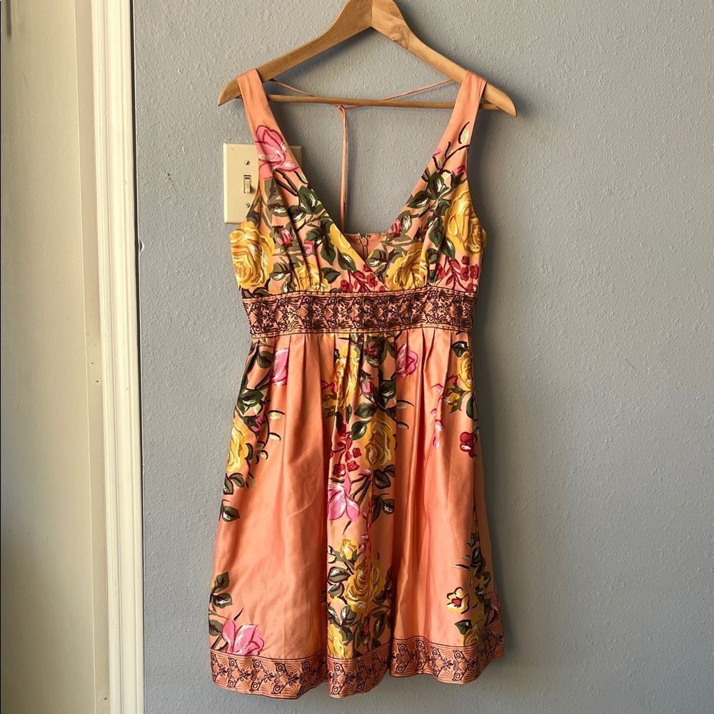 Floral Satin Empire Waist Dress in Peach